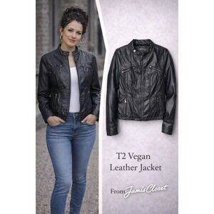 T2 Black Faux Leather Moto Jacket Women's Medium Zip Biker Lined